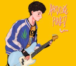 Rule 34 | 1boy, banana fish, bass guitar, beck, beck (beck), blue jacket, brown hair, cannabis print, commentary, copyright name, english commentary, english text, fender precision bass, fingerless gloves, gloves, instrument, jacket, looking at viewer, male focus, music, okumura eiji, ontan, orange shirt, playing bass, playing instrument, shirt, short hair, solo, yellow background