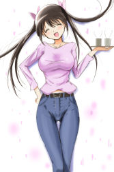 Rule 34 | 1girl, belt, breasts, brown belt, brown hair, cherry blossoms, commentary request, cowboy shot, cup, denim, closed eyes, hair ribbon, hand on own hip, head tilt, holding, holding tray, jeans, kinfuji, large breasts, long hair, original, pants, pink ribbon, pink shirt, ribbon, shirt, simple background, touge chayako, tray, white background, yunomi