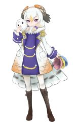 Rule 34 | 10s, 1girl, barn owl (kemono friends), bird tail, blonde hair, boots, coat, epaulettes, full body, fur collar, head wings, holding, holding mask, ise (0425), kemono friends, knee boots, long sleeves, looking at viewer, low twintails, mask, medium hair, multicolored hair, orange hair, purple eyes, simple background, smile, solo, standing, tail, twintails, white background, white hair, wings