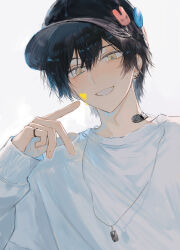Rule 34 | 1boy, absurdres, bandaid, bandaid on neck, black hair, black hat, blush, earrings, facing viewer, hat, heart, highres, jewelry, male focus, necklace, original, paint on body, pointing, pointing at self, ring, shirt, short hair, smile, solo, suechimu, upper body, white background, white shirt, yellow eyes