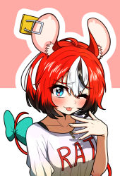Rule 34 | 1girl, alternate hair length, alternate hairstyle, animal ears, ddolbang, hakos baelz, highres, hololive, hololive english, key, mouse ears, mouse girl, mouse tail, mousetrap, multicolored hair, red hair, shirt, short hair, tail, virtual youtuber, white shirt