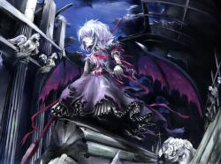 Rule 34 | 1girl, bat wings, blood, chain, chama (painter), cuffs, female focus, frills, gathers, hair over eyes, light purple hair, night, night sky, pale skin, pillar, remilia scarlet, ruins, shackles, short hair, sky, solo, spear the gungnir, torn clothes, touhou, wings