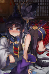 Rule 34 | 1girl, @ @, all fours, armor, ass, asymmetrical sleeves, bed, black hair, black leotard, blue eyes, blush, breast curtains, breasts, commentary request, condom, condom packet strip, condom wrapper, detached sleeves, fate/grand order, fate (series), feather hair ornament, feathers, hair ornament, hat, highres, indoors, japanese armor, kusazuri, leotard, long hair, looking at viewer, m0 chi, medium breasts, mismatched sleeves, open mouth, parted bangs, purple sleeves, revealing clothes, shoulder armor, side ponytail, smile, sode, solo, sweat, nervous sweating, tate eboshi, ushiwakamaru (fate), very long hair, white sleeves