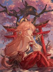 Rule 34 | 1girl, absurdres, antenna hair, back bow, bare shoulders, black bow, bow, breasts, cherry blossoms, day, detached sleeves, genshin impact, hair ornament, hand on own cheek, hand on own face, highres, japanese clothes, large breasts, long hair, long skirt, long sleeves, looking away, looking to the side, low-tied long hair, nail polish, outdoors, parted lips, pink hair, pink nails, red skirt, revealing clothes, sideboob, sitting, skirt, solo, torii, tree, very long hair, yae miko, zerotabi1210