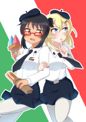 Rule 34 | 2girls, alternate costume, alternate hairstyle, andou (girls und panzer), anzio school uniform, arm grab, baguette, belt, beret, bespectacled, black belt, black hair, black headwear, black necktie, black skirt, blonde hair, blue eyes, blush, bread, brown eyes, commentary request, dark-skinned female, dark skin, dress shirt, emblem, finger to mouth, flag background, food, girls und panzer, glasses, hair ornament, hairclip, hat, holding, holding food, ice cream cone, index finger raised, italian flag, long sleeves, looking at another, looking back, medium hair, messy hair, miniskirt, multiple girls, necktie, one side up, oshida (girls und panzer), outline, pantyhose, partial commentary, pleated skirt, red-framed eyewear, salt-apple, school uniform, shirt, shushing, skirt, standing, sweatdrop, white legwear, white outline, white shirt, wing collar