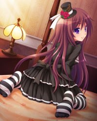 Rule 34 | &gt;:), 1girl, aocchi, bed, black dress, black pantyhose, bow, breasts, brown hair, dress, dutch angle, feet, flower, from behind, gothic lolita, hat, hat flower, hat ribbon, indoors, kneeling, kuon jahana, lamp, lolita fashion, long hair, long sleeves, looking back, mini hat, mini top hat, no shoes, on bed, pantyhose, peropero saimin, purple eyes, ribbon, rose, sitting, small breasts, solo, striped clothes, striped pantyhose, top hat, v-shaped eyebrows, wallpaper (object), wariza, white pantyhose
