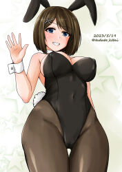 Rule 34 | 1girl, alternate costume, animal ears, black leotard, black pantyhose, blue eyes, breasts, brown hair, cameltoe, covered navel, dated, detached collar, from below, grin, hair ornament, highres, kamiya tadato, kantai collection, large breasts, leotard, maya (kancolle), pantyhose, playboy bunny, rabbit ears, rabbit tail, short hair, smile, solo, strapless, strapless leotard, tail, twitter username, white background, wrist cuffs, x hair ornament
