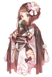 Rule 34 | 10s, 1girl, ball, black bow, black gloves, blush, boku no hero academia, bow, brown eyes, brown hair, covered mouth, cowboy shot, flower, gloves, hair bow, hair flower, hair ornament, hands up, highres, hip vent, holding, holding ball, japanese clothes, kimono, long sleeves, looking at viewer, obi, pink bow, pom pom (clothes), red eyes, ryota (ry o ta), sash, short hair, sidelocks, simple background, solo, striped, striped bow, thick eyebrows, uraraka ochako, white background, white flower, white kimono