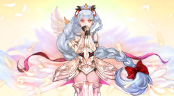 Rule 34 | 1girl, armor, bare shoulders, bow, braid, earrings, faulds, gauntlets, highres, jewelry, light valkyrie (p&amp;d), long hair, praying, puzzle &amp; dragons, red eyes, silver hair, single braid, solo, ttknok, valkyrie (p&amp;d), very long hair