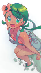 Rule 34 | 1girl, absurdres, bare shoulders, breasts, cleavage, creatures (company), dark-skinned female, dark skin, flower, from above, game freak, green eyes, green footwear, green hair, hair flower, hair ornament, highres, long hair, looking at viewer, mallow (pokemon), nintendo, open mouth, overall shorts, overalls, pink flower, pink shirt, pokemon, pokemon sm, shirt, shoes, shorts, sitting, sleeveless, small breasts, solo, twintails, yamamori kuukai