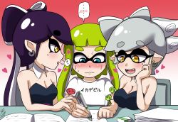 Rule 34 | ..., 3girls, :d, :o, agent 3 (splatoon), bare shoulders, black dress, blowing, blue eyes, blush, breast press, breast rest, breasts, callie (splatoon), chair, cleavage, clenched hand, detached collar, dress, earrings, eraser, fangs, female focus, girl sandwich, gradient background, green hair, grey hair, hair rings, heart, holding, holding hands, inkling, inkling girl, inkling player character, jewelry, large breasts, long hair, looking at another, looking down, marie (splatoon), mole, mole under eye, multiple girls, nervous, nintendo, notebook, open mouth, paper, pen, pointy ears, purple hair, sandwiched, shiny skin, shirt, short hair, short sleeves, shy, sitting, smile, splatoon (series), splatoon 1, spoken blush, spoken ellipsis, squidbeak splatoon, strapless, strapless dress, sweat, t-shirt, table, tentacle hair, translated, upper body, usa (dai9c carnival), wavy mouth, white shirt, writing, yellow eyes, yuri