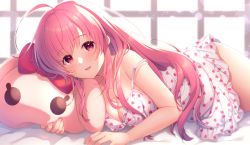 Rule 34 | 1girl, ahoge, bare arms, bare shoulders, bed sheet, breasts, cleavage, collarbone, copyright request, dress, heart, heart print, long hair, looking at viewer, lying, medium breasts, mizukoshi mayu, on stomach, parted lips, pink hair, print dress, red eyes, smile, solo, strap slip, very long hair, virtual youtuber, white dress, window