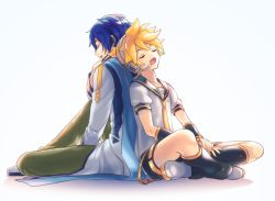 Rule 34 | 2boys, akiyoshi (tama-pete), back-to-back, bass clef, blonde hair, blue hair, blue scarf, coat, closed eyes, full body, grey shirt, headset, kagamine len, kaito (vocaloid), crossed legs, male focus, multiple boys, necktie, open mouth, pants, profile, sailor collar, scarf, shirt, short sleeves, simple background, sitting, vocaloid, white background, yellow neckwear