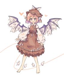 Rule 34 | 1girl, animal ears, barefoot, bird ears, bird wings, blush stickers, brown dress, brown hat, dress, feathered wings, fingernails, frilled dress, frilled sleeves, frills, full body, hat, heart, highres, long fingernails, long sleeves, mystia lorelei, open mouth, pink eyes, pink hair, primsla, sharp fingernails, short hair, simple background, sleeve garter, smile, solo, touhou, white background, white wings, wide sleeves, winged hat, wings