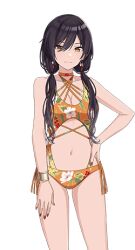 Rule 34 | 1girl, alternate hairstyle, bikini, black hair, breasts, cleavage, idolmaster, idolmaster shiny colors, low twintails, lowres, medium breasts, nail polish, navel, official art, shirase sakuya, solo, swimsuit, transparent background, twintails, yellow eyes
