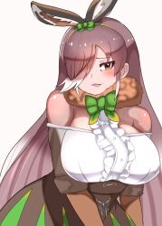 Rule 34 | 1girl, absurdres, animal ears, blush, bow, breasts, brown eyes, brown hair, center frills, european hare (kemono friends), extra ears, frills, fur-trimmed sleeves, fur collar, fur trim, green bow, highres, kemono friends, large breasts, long bangs, long hair, looking at viewer, rabbit ears, rabbit girl, sani, smile, solo, very long hair