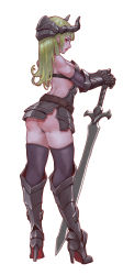 Rule 34 | 1girl, absurdres, armor, armored boots, armored skirt, ass, back, bare shoulders, belt, black panties, black sleeves, black thighhighs, boots, brown belt, detached sleeves, from behind, full body, gauntlets, greaves, green hair, high heel boots, high heels, highres, holding, holding sword, holding weapon, horns, long hair, looking at viewer, original, panties, parted lips, red eyes, simple background, skirt, solo, standing, sword, thighhighs, underwear, weapon, white background, xue qi ye (dndtmbdue)