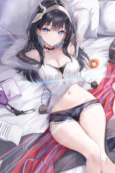 Rule 34 | 1girl, absurdres, age fx, arms behind head, azur lane, bare shoulders, black choker, black hair, black shorts, blue eyes, breasts, choker, cleavage, closed mouth, collarbone, commentary request, cutoffs, fur-trimmed hoodie, fur trim, gridman universe, hair between eyes, hairband, highres, hood, hoodie, jewelry, long hair, looking at viewer, lying, medium breasts, midriff, navel, necklace, off shoulder, official alternate costume, on back, orange scrunchie, panties, pom pom (clothes), revision, scrunchie, shorts, solo, sparkling eyes, ssss.gridman, takarada rikka, takarada rikka (bedroom attire), thigh gap, thighs, thong, underwear, unworn panties, unworn scrunchie, white hairband, white hoodie