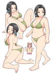 Rule 34 | 2girls, absurdres, alternate hairstyle, arm support, ass, bare shoulders, bikini, black hair, blue scrunchie, blush, bow, breasts, butt crack, chibi, cleavage, closed mouth, dot nose, ebihara naho, from behind, full body, green bikini, green eyes, hair bow, hair ornament, hair scrunchie, hand up, highres, idolmaster, idolmaster cinderella girls, idolmaster cinderella girls starlight stage, kneeling, large breasts, long hair, looking at another, looking at viewer, medium breasts, multiple girls, multiple views, munakata atsumi, navel, noe aoikaba, o-ring, o-ring bikini, open mouth, plump, scrunchie, side ponytail, sideboob, simple background, sitting, smile, spread legs, standing, swimsuit, thick eyebrows, white background