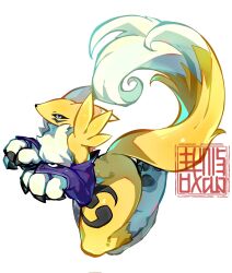 Rule 34 | animal ears, animal nose, artist logo, black claws, black sclera, body fur, claws, colored sclera, detached sleeves, digimon, digimon (creature), fewer digits, fox ears, fox tail, full body, furry, furry female, highres, neck fur, purple sleeves, renamon, simple background, snout, solo, tail, thick thighs, thighs, two-tone fur, white background, white fur, yellow fur, yin yang, youzaiyouzai112