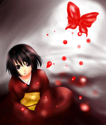 Rule 34 | 1girl, black hair, blood, brown eyes, brown hair, bug, butterfly, fatal frame, fatal frame 2, female focus, gradient background, insect, japanese clothes, kimono, natsu danu, short hair, solo, tachibana chitose
