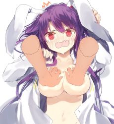 Rule 34 | 1girl, @ @, bad id, bad twitter id, blouse, blush, grabbing another&#039;s breast, breasts, full-face blush, grabbing, large breasts, purple hair, red eyes, reisen udongein inaba, shirt, simple background, solo focus, suminagashi, touhou, wavy mouth, white background, white shirt
