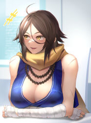 Rule 34 | ahoge, bandaged arm, bandages, bead necklace, beads, breasts, brown eyes, brown hair, chair, cleavage, desk, fate/grand order, fate (series), jewelry, large breasts, minami koyogi, necklace, on desk, scar, scar on arm, scar on face, scar on nose, scarf, sugitani zenjubou (fate), yellow scarf