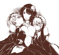 Rule 34 | 10s, 3girls, :o, alternate costume, arm between breasts, bare shoulders, between breasts, black dress, blunt bangs, blush, breasts, bridal gauntlets, center opening, choker, cleavage, dress, elbow gloves, elsa granhilte, eye contact, flower, girl sandwich, gloves, greyscale, hair flower, hair ornament, hair over one eye, hairband, hand in own hair, hand on another&#039;s hip, hand on own chest, highres, large breasts, lolita hairband, looking at another, matching outfits, medium breasts, monochrome, multiple girls, navel, no shoes, nose blush, open mouth, panties, ram (re:zero), re:zero kara hajimeru isekai seikatsu, rem (re:zero), sandwiched, siblings, side slit, simple background, sisters, sitting, stomach, thighhighs, twins, underwear, white background, x hair ornament, yuri, yuriwhale