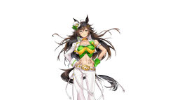 Rule 34 | 1girl, absurdres, ahoge, akaya shiki, animal ears, arm belt, armband, artist name, asymmetrical sleeves, bandeau, belt, belt buckle, blush, breasts, brown hair, buckle, choker, closed mouth, commentary request, feet out of frame, green bandeau, grey eyes, hair ornament, hairclip, hat, highres, horse ears, horse girl, horse tail, large breasts, long hair, looking at viewer, midriff, mini hat, mini top hat, mr. c.b. (umamusume), navel, pants, simple background, single bare shoulder, smile, solo, tail, tilted headwear, top hat, umamusume, white armband, white background, white belt, white pants, wrist cuffs