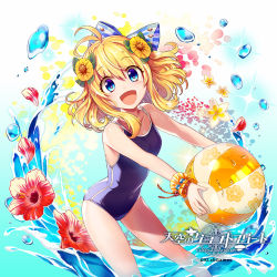 Rule 34 | 1girl, :d, ahoge, ball, beachball, blue background, blue bow, blue eyes, bow, breasts, claro (tenkuu no craft fleet), company name, copyright name, flower, gradient background, hair bow, hair flower, hair ornament, hibiscus, holding, holding ball, logo, long hair, looking at viewer, official art, open mouth, small breasts, smile, solo, splashing, standing, swimsuit, tenkuu no craft fleet, toh., water drop, watermark, white background, wristband