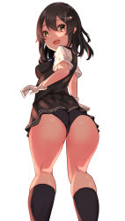 Rule 34 | 1girl, ass, black hair, black panties, black skirt, black socks, black vest, dress shirt, feet out of frame, from behind, gloves, grey eyes, hair ornament, hairclip, highres, kantai collection, kneepits, looking at viewer, looking back, oyashio (kancolle), panties, pleated skirt, school uniform, shirt, short sleeves, simple background, skirt, socks, solo, uesuzoukin, underwear, vest, white background, white gloves, white shirt