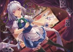 Rule 34 | 1girl, apron, between fingers, black thighhighs, blue footwear, bow, braid, card, commentary request, curtains, dagger, dutch angle, frilled apron, frills, garter straps, gears, green bow, green ribbon, hair bow, holding, holding knife, izayoi sakuya, knife, knives between fingers, maid apron, maid headdress, neck ribbon, parted lips, penny (douding), petticoat, red eyes, ribbon, short hair, silver hair, solo, thighhighs, thighs, touhou, twin braids, weapon, window, wrist cuffs, zettai ryouiki