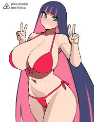 Rule 34 | 1girl, bare arms, bikini, blunt bangs, blush, breasts, bright pupils, cameltoe, cleavage, colored inner hair, donburi (donburikazoku), double v, green eyes, huge breasts, long hair, looking at viewer, multicolored hair, navel, panty &amp; stocking with garterbelt, pink hair, purple hair, red bikini, simple background, solo, standing, stocking (psg), swimsuit, v, very long hair, white background, white pupils