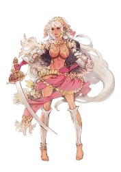 Rule 34 | 1girl, armor, breasts, capelet, cleavage, earrings, full body, gloves, hairband, hand on own hip, highres, holding, jewelry, large breasts, leotard, lips, long hair, minaba hideo, necklace, official art, pink eyes, pink gloves, saber (weapon), sheena (terra battle), solo, sword, terra battle, transparent background, very long hair, weapon