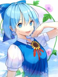 Rule 34 | 1girl, :d, arm up, blue bow, blue dress, blue eyes, blue hair, bow, breasts, cirno, collar, collared shirt, commentary request, dress, flower, hair between eyes, hair bow, highres, holding, holding collar, hot, ice, ice wings, looking at viewer, nyanaya, open mouth, plant, puffy short sleeves, puffy sleeves, red neckwear, red ribbon, ribbon, shirt, short sleeves, small breasts, smile, solo, sparkle, sunflower, sweatdrop, touhou, upper body, vines, wing collar, wings