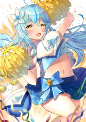 Rule 34 | 1girl, :d, absurdres, ahoge, arm up, blue bow, blue hair, blue skirt, blush, bouncing breasts, bow, breasts, cheerleader, confetti, creature, crop top, elf, feet out of frame, flower, hair flower, hair ornament, highres, hololive, large breasts, leg up, long hair, looking at viewer, midriff, miniskirt, mugicho (kdks5554), navel, open mouth, pointy ears, pom pom (cheerleading), skirt, sleeveless, smile, solo, standing, standing on one leg, stomach, very long hair, virtual youtuber, white flower, yellow eyes, yukihana lamy