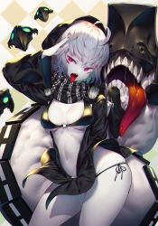 Rule 34 | 1girl, abyssal ship, bacius, bikini, black bikini, black hoodie, black panties, black scarf, breasts, commentary, cowboy shot, grin, groin, highres, hood, hood up, hoodie, kantai collection, looking at viewer, monster girl, nail polish, navel, o-ring, o-ring top, open mouth, pale skin, panties, partially unzipped, purple eyes, purple nails, re-class battleship, rigging, saliva, salute, scarf, short hair, side-tie bikini bottom, sidelocks, skindentation, smile, solo, stomach, swimsuit, tail, teeth, thighs, tongue, tongue out, underwear, white hair, wide sleeves