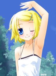 Rule 34 | 1girl, arm up, armpits, blonde hair, blue eyes, camisole, day, dress, face, flat chest, hair ornament, hairclip, noto (soranoto), one eye closed, original, outdoors, short hair, smile, solo, sundress, waving, wink