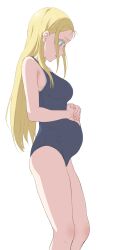 Rule 34 | 1girl, bare shoulders, black one-piece swimsuit, blonde hair, blue eyes, blush, from side, highres, kofune ushio, long hair, one-piece swimsuit, parted lips, pregnant, profile, school swimsuit, simple background, sincos, solo, summertime render, swimsuit, white background