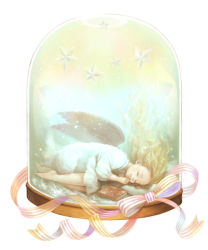 Rule 34 | barefoot, blonde hair, book, child, cocoa-6m, closed eyes, glass, long hair, original, ribbon, solo, star (symbol), wings