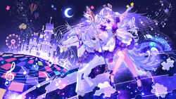 Rule 34 | 1girl, absurdres, aircraft, aqua eyes, arm up, bare legs, commentary, detached sleeves, dress, gloves, halo, head wings, high heels, highres, holding, holding staff, honkai: star rail, honkai (series), horse, hot air balloon, long hair, purple footwear, purple hair, puzzle piece, robin (honkai: star rail), shoes, solo, staff, staff (music), star (symbol), strapless, strapless dress, very long hair, viclim-monou, white dress, white gloves, wings