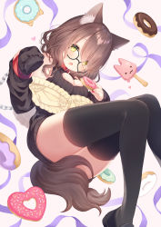 Rule 34 | 1girl, :o, animal ear fluff, animal ears, ass, bare shoulders, black-framed eyewear, black footwear, black sleeves, black sweater, black thighhighs, breasts, brown hair, brown jacket, cleavage, cleavage cutout, clothing cutout, collar, commentary request, detached sleeves, doughnut, eyes visible through hair, fang, feet out of frame, food, glasses, hair over one eye, heart cutout, highres, holding, holding food, jacket, light up, loafers, long sleeves, looking at viewer, medium breasts, off shoulder, open clothes, open jacket, open mouth, red collar, shoes, sleeveless, sleeveless sweater, sleeves past fingers, sleeves past wrists, solo, sweater, tail, teardrop-framed glasses, thighhighs, virtual youtuber, wasabi (sekai), wolf ears, wolf girl, wolf tail, yellow eyes, yuzuki uru