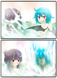 Rule 34 | &gt;:d, 2girls, 2koma, :d, alternate hairstyle, bat wings, bath, bathing, blue hair, blush, comic, commentary request, crescent, crescent hair ornament, dress, fang, folded ponytail, hair ornament, hair up, hydrokinesis, jitome, magic circle, multiple girls, nobamo pieruda, nude, open mouth, patchouli knowledge, purple dress, purple eyes, red eyes, remilia scarlet, same-sex bathing, shared bathing, smile, splashing, touhou, v-shaped eyebrows, water, wet, wings