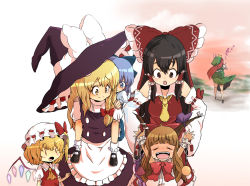 Rule 34 | 6+girls, arms up, bad id, bad pixiv id, bandaid, blush, blush stickers, bow, carrying, child, cirno, drooling, fang, female focus, flandre scarlet, hair bow, hakurei reimu, hat, hong meiling, horns, ibuki suika, kamiya zuzu, kirisame marisa, multiple girls, outstretched arms, piggyback, touhou, translation request, witch, witch hat, aged down, | |
