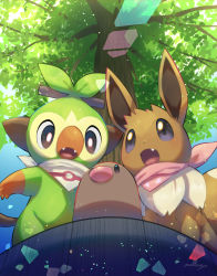 Rule 34 | absurdres, bright pupils, brown eyes, commentary request, creatures (company), day, diglett, eevee, fang, fangs, from below, game freak, gen 1 pokemon, gen 8 pokemon, grey eyes, grookey, highres, nintendo, no humans, nullma, open mouth, outdoors, pokemon, pokemon (anime), pokemon (creature), pokemon swsh069, pokemon journeys, signature, tongue, tree, white pupils