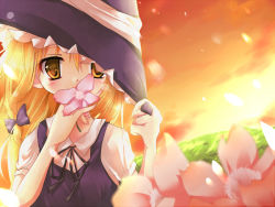Rule 34 | 1girl, blonde hair, bow, female focus, field, flower, hat, kirisame marisa, meadow, nature, outdoors, petals, plant, sky, solo, touhou, upper body, witch, witch hat, yellow eyes