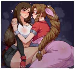 Rule 34 | 2girls, abs, absurdres, aerith gainsborough, after kiss, ass, blush, braid, braided ponytail, breasts, brown hair, earrings, eye contact, final fantasy, final fantasy vii, heart, highres, huge breasts, jewelry, lips, long hair, looking at another, multiple girls, red eyes, saliva, saliva trail, simmsy, sweat, thick thighs, thighs, tifa lockhart, toned, very long hair, yuri