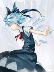 Rule 34 | 1girl, asutora, blue bow, blue dress, blue eyes, blue hair, bow, cirno, colored eyelashes, commentary request, cowboy shot, dress, from side, grey background, hair bow, highres, ice, ice wings, neck ribbon, pinafore dress, profile, red ribbon, ribbon, shirt, short hair, short sleeves, sleeveless dress, solo, touhou, white shirt, wings
