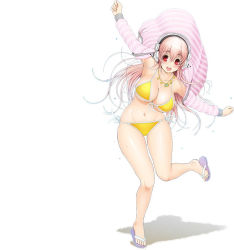 Rule 34 | 1girl, bikini, blush, breasts, cleavage, curvy, full body, headphones, hip focus, jewelry, large breasts, long hair, looking at viewer, navel, necklace, nitroplus, official art, open mouth, pink eyes, pink hair, smile, solo, standing, super sonico, swimsuit, tsuji santa, wide hips