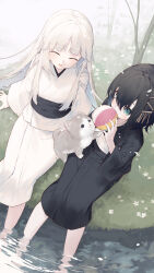 Rule 34 | 2girls, :d, ^ ^, animal, ball, black hair, black kimono, blue eyes, blush, closed eyes, commentary request, covered mouth, dog, facing another, facing viewer, flower, from above, hair between eyes, highres, holding, holding ball, japanese clothes, kimono, long hair, long sleeves, multiple girls, obi, open mouth, original, outdoors, petals, sash, short hair, smile, soaking feet, sweat, tokuno yuika, tree, very long hair, water, white flower, white hair, white kimono, wide sleeves